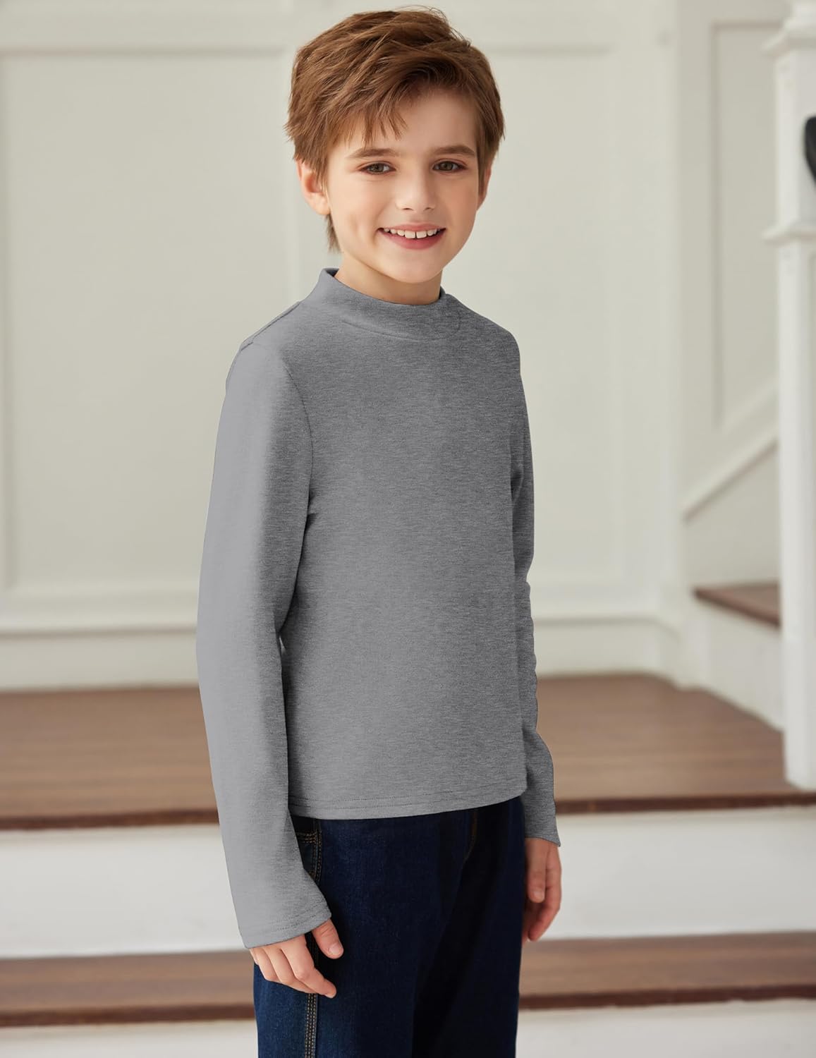 Arshiner Boys Long Sleeve Turtleneck T-Shirt Solid Color Warm Tee Tops Casual Thermal Pullover for Kids 5-12 Years - Image 3
