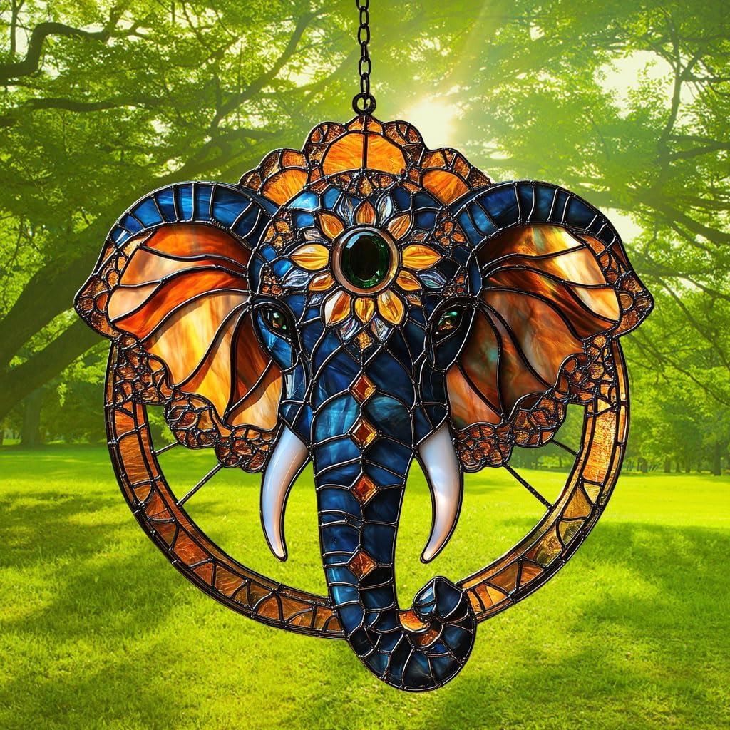 Mandala Elephant Acrylic Suncatcher Stained Glass Effect Window Car Hanging Christmas Ornament Indoor Outdoor Decor Garden Sun Catcher Panel for Elephant Lover for Women Mom Grandma