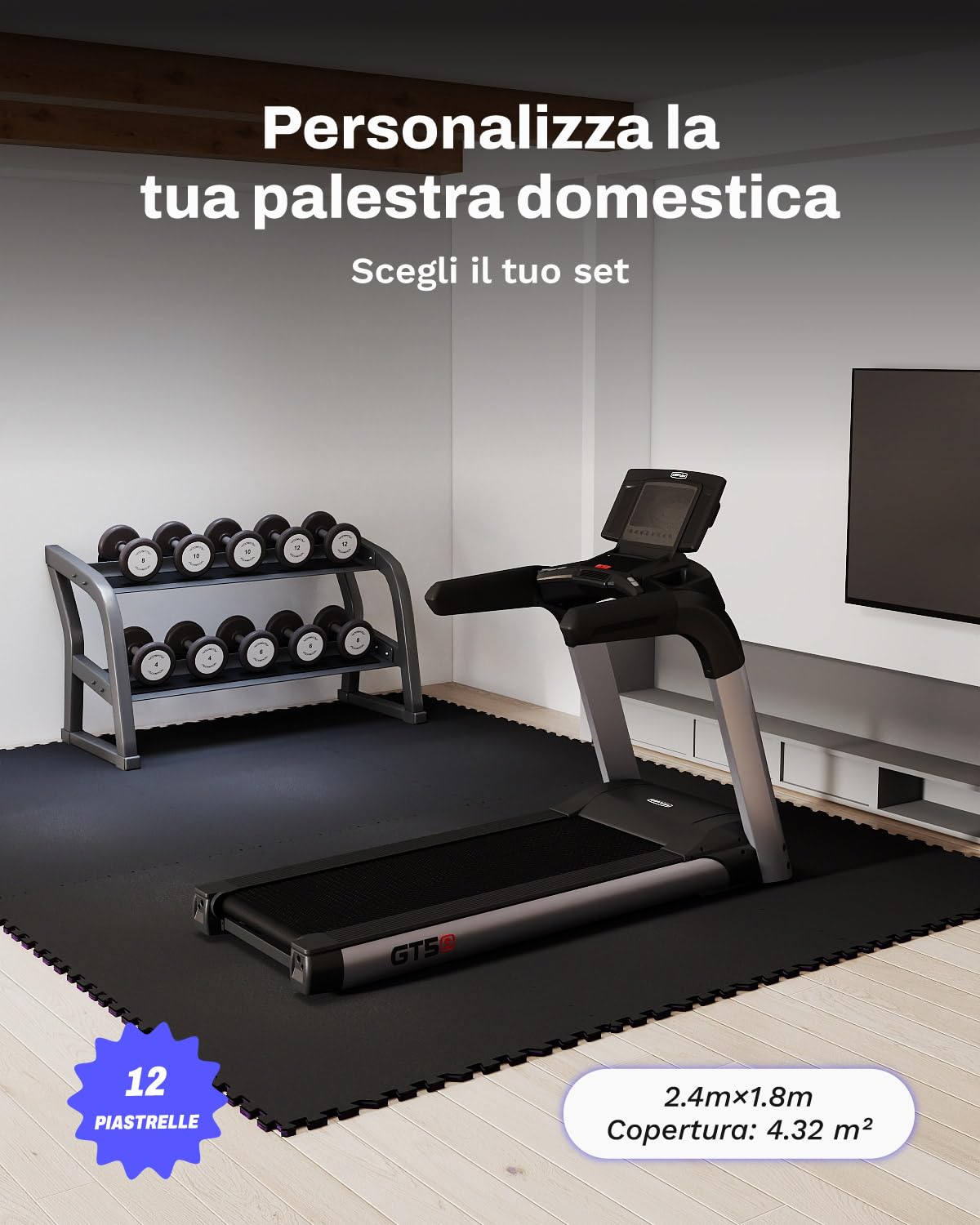 AIRHOP 12 pz 60x60x1,4cm Tappetino per Attrezzature da Esercizio, Superficie in Gomma Robusta e Spessa,Tappetino Puzzle per la Protezione del Pavimento, per Palestra e Casa,Tappetino Fitness BK-12PCS