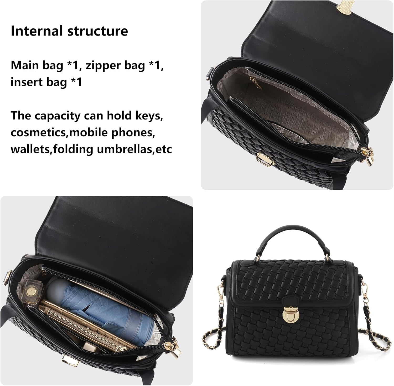 Woven Purses For Women Crossbody Bag Vegan Leather Hand Woven Handbag Shoulder Bag Top Handle Satchel Zip Cross Body Purse (Black) - Image 6