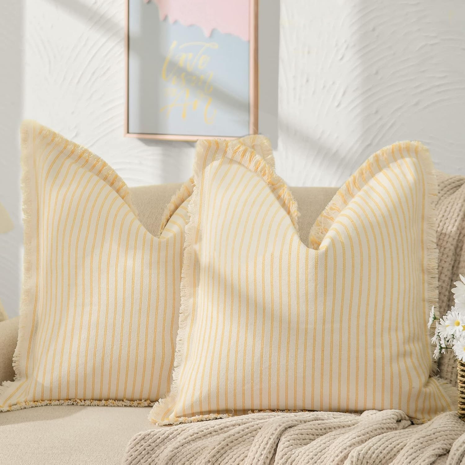 ZWJD Throw Pillow Covers 24x24 Set of 2 Striped Pillow Covers with Fringe Chic Cotton Decorative Pillows Square Cushion Covers for Sofa Couch Bed Living Room Farmhouse Decor
