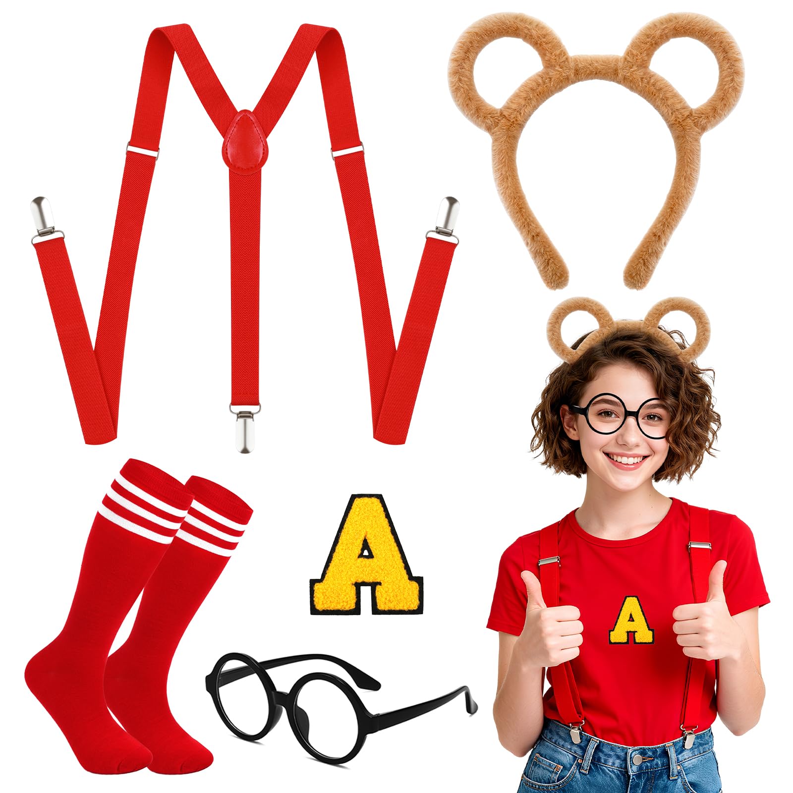 Jokureao 5PCS Chipmunk Costume Set for Adults Chipmunk Fancy Dress with Striped Socks, Chipmunk Headband, Glasses