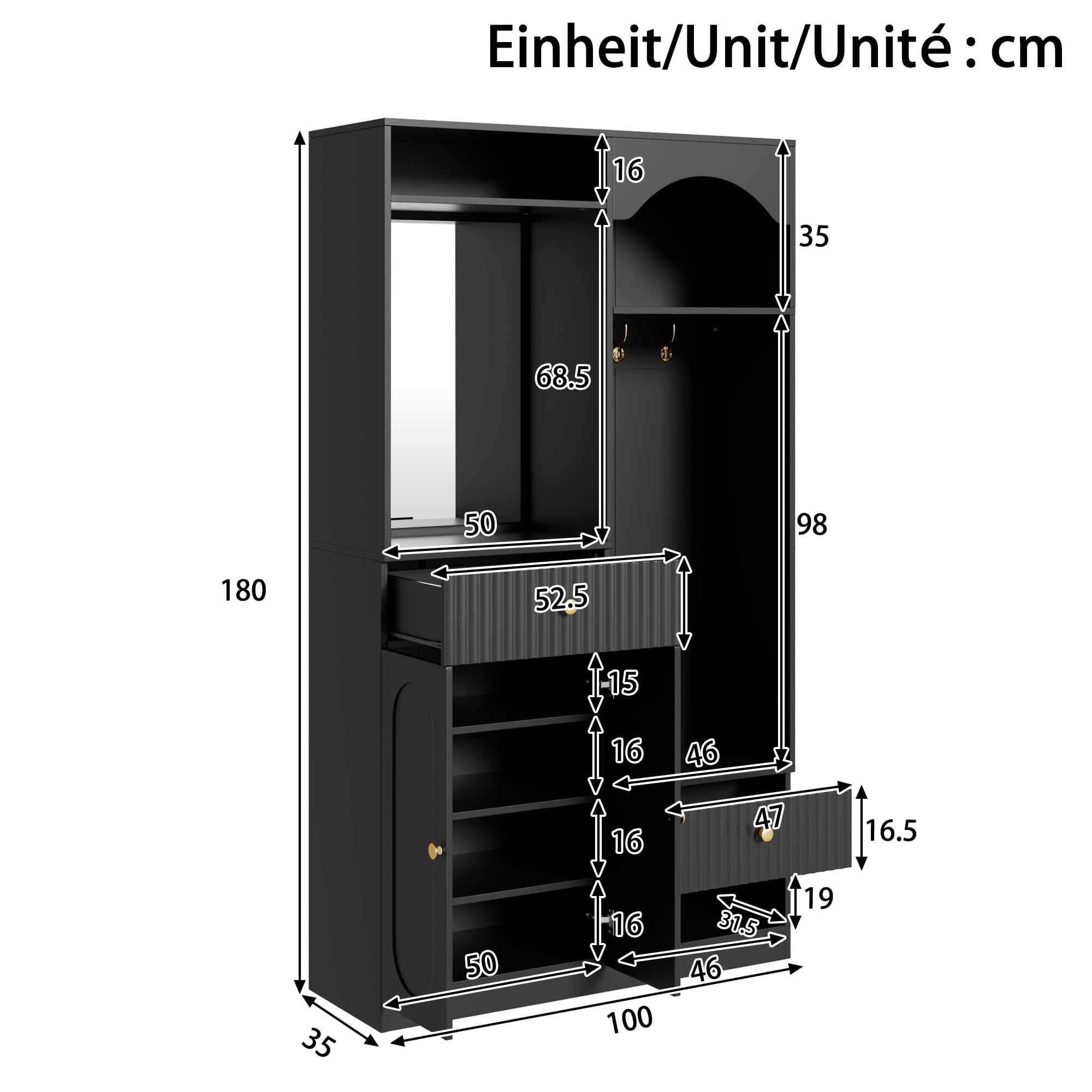 Garderobe Set Garderobenschrank Höhe 180 cm mit LED Licht und Spiegel, Garderobenset Flurgarderoben Set mit Wandgarderobe und Sitzbank, Kompaktgarderobe Flurmöbel mit Haken und 2 Tür, Schwarz