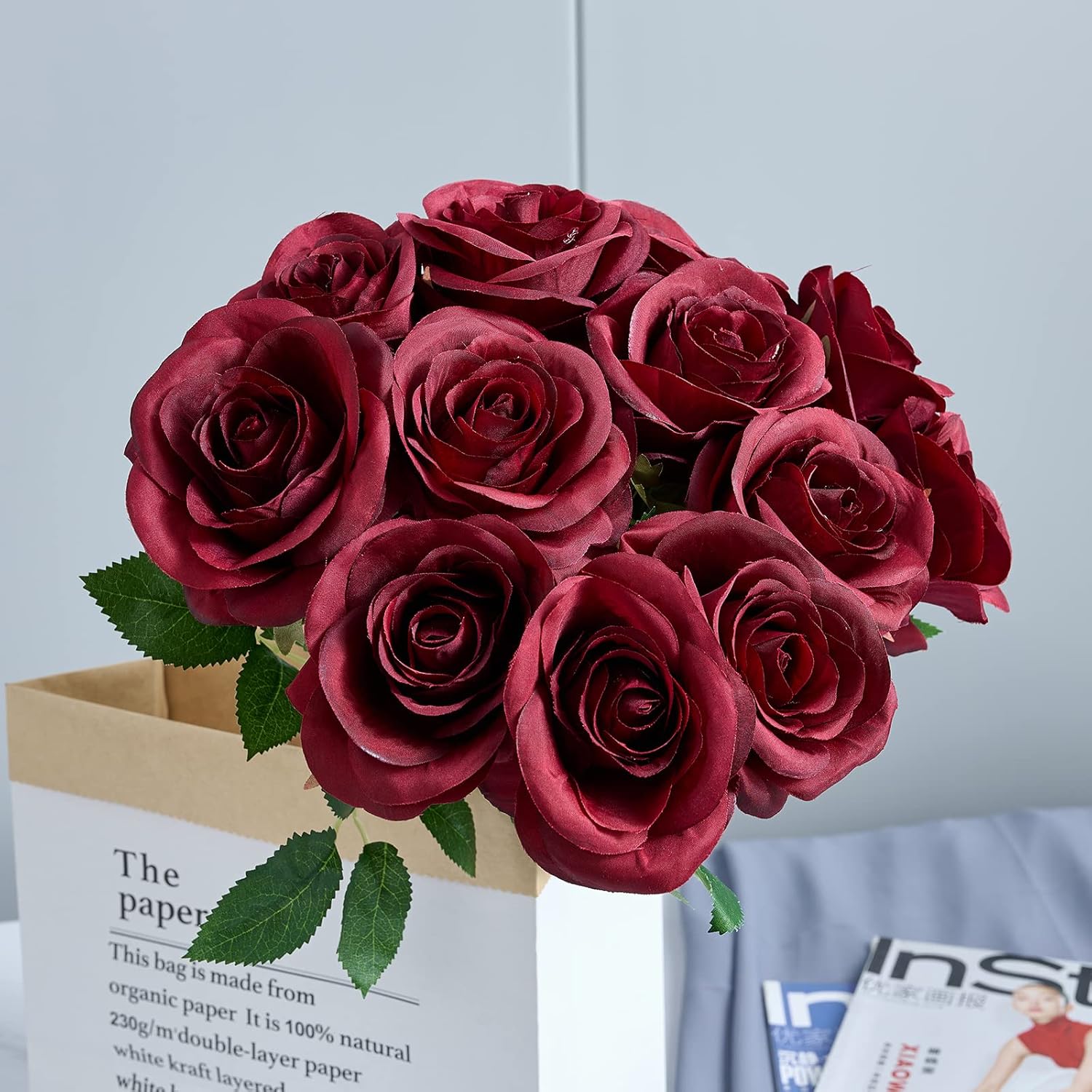 12pcs Roses Artificial Flowers Fake Roses Burgundy Silk Roses Wine Red Silk Flowers Rose with Long Stems for Wedding Home Party Centerpieces Decorations - Image 2
