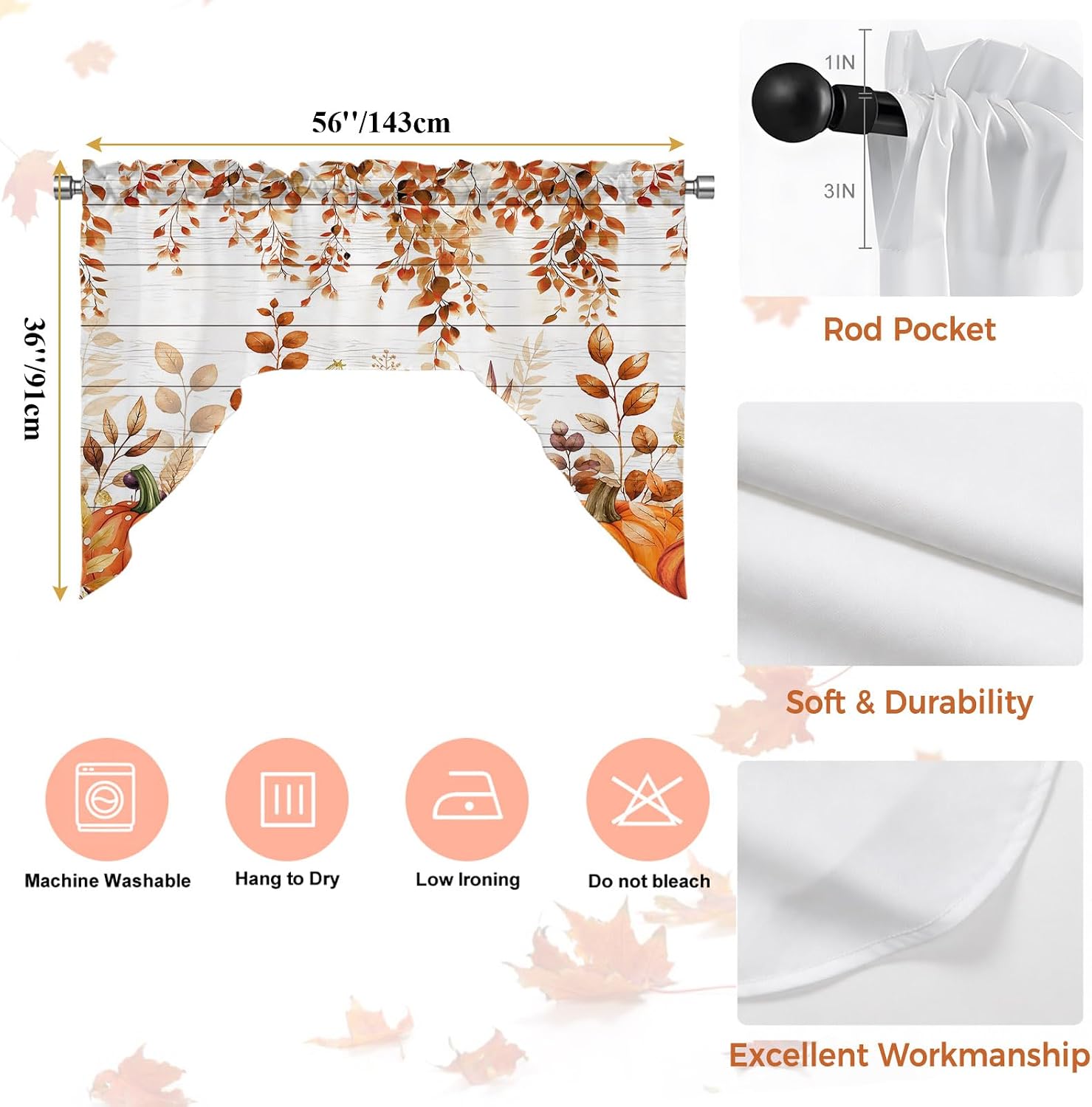 Thanksgiving Pumpkin Swag Valance for Windows 56''x36'', Burnt Orange Fall Light Filtering Kitchen Curtains Eucalyptus Valances for Bathroom/Living Room/Bedroom/Café, Rod Pocket Wooden Curtain Panel