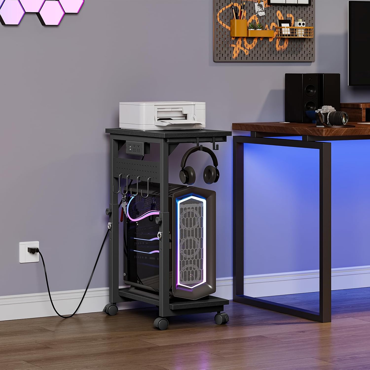 Computer Tower Stand, Height Adjustable PC Holder on Wheels, Computer Stand with Power Outlet, Under-Desk PC Cart with 6 Hooks, Movable Side Table, for Living Room, Office, Black TCJ50UBB