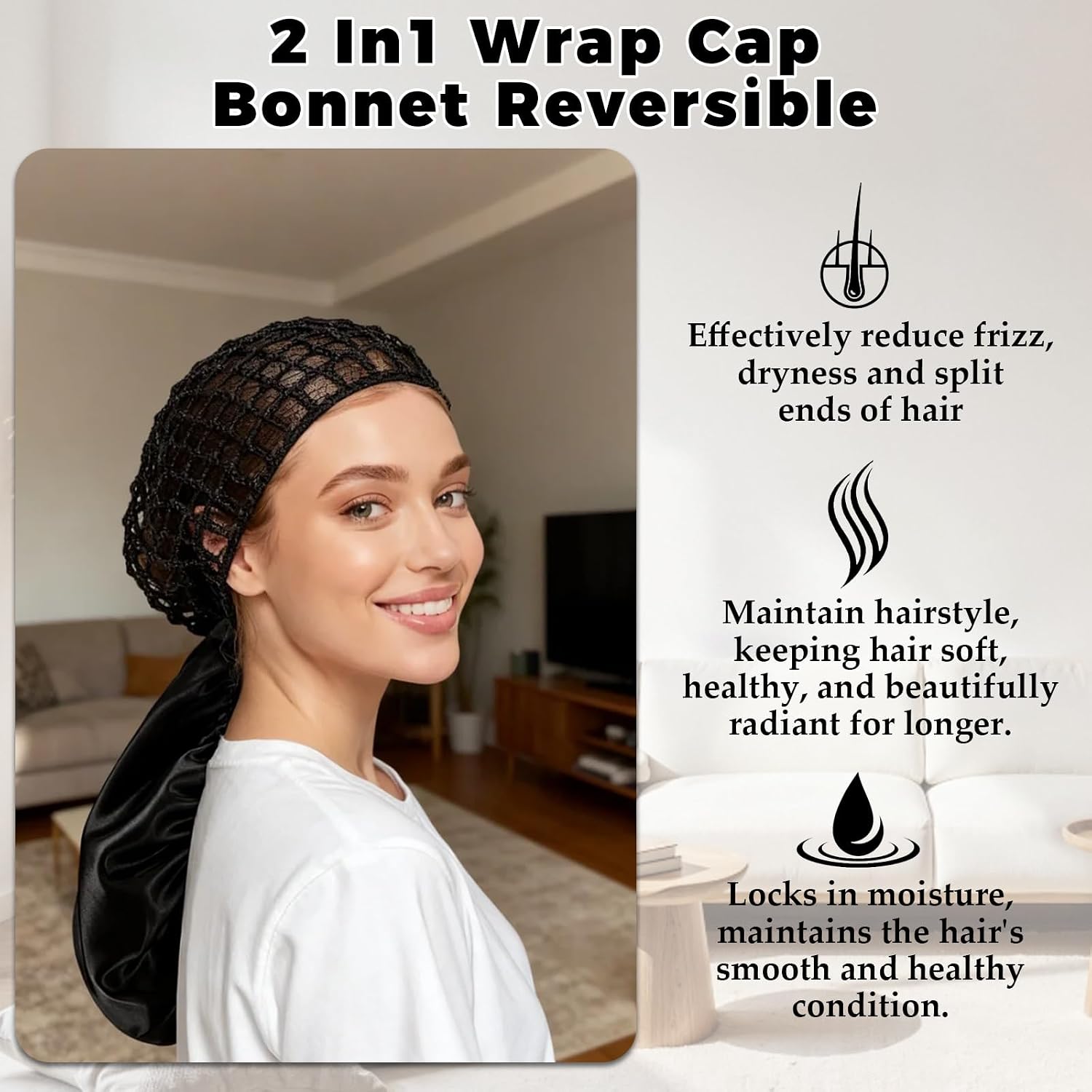 2Pcs Black 2 In 1 Wrap Cap Bonnet, 2 In 1 Wrap Cap for Silk Press with Reversible Adjustable Tie Band, Double Layered Nettie Design, New Sleeping Satinbonnet for Curly, Natural & Braided Hair