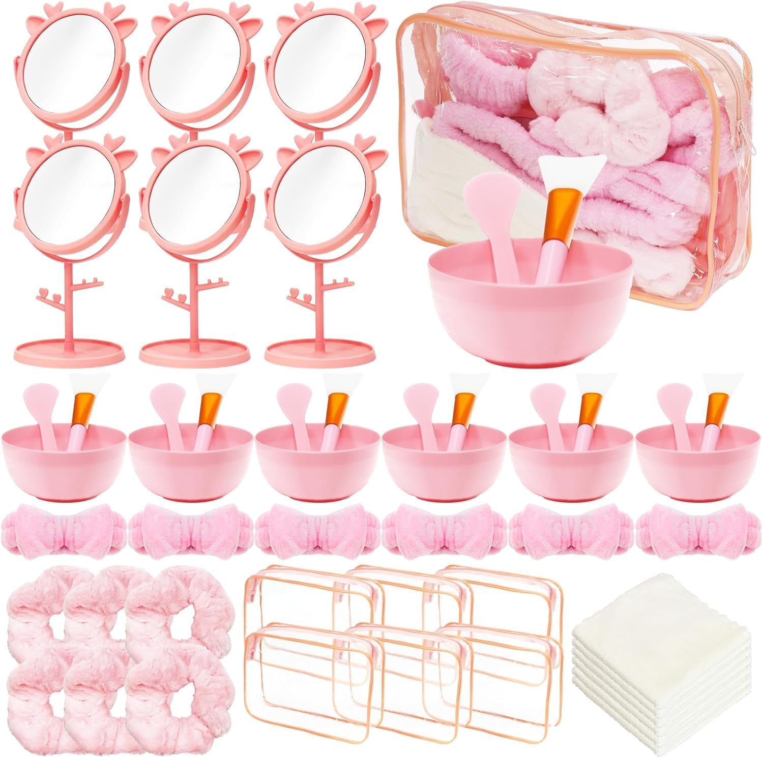48 Pcs Spa Sleepover Party Supplies for Girls and Women, with Face Mask Bowls, Mirrors, Headbands, Scrunchies, Cosmetic Bags and Face Cloths for Spa Birthday Bachelor Favors Gifts