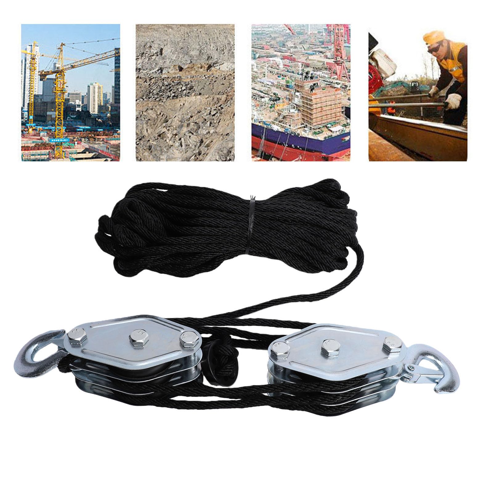 System Polea Resistente 3 Poleas Freno Cuerda Nylon 15M Carga 660LBS | Equipo Elevador con Freno seguro; Height Pico 2,5M para Garajes y Almacenes Industriales