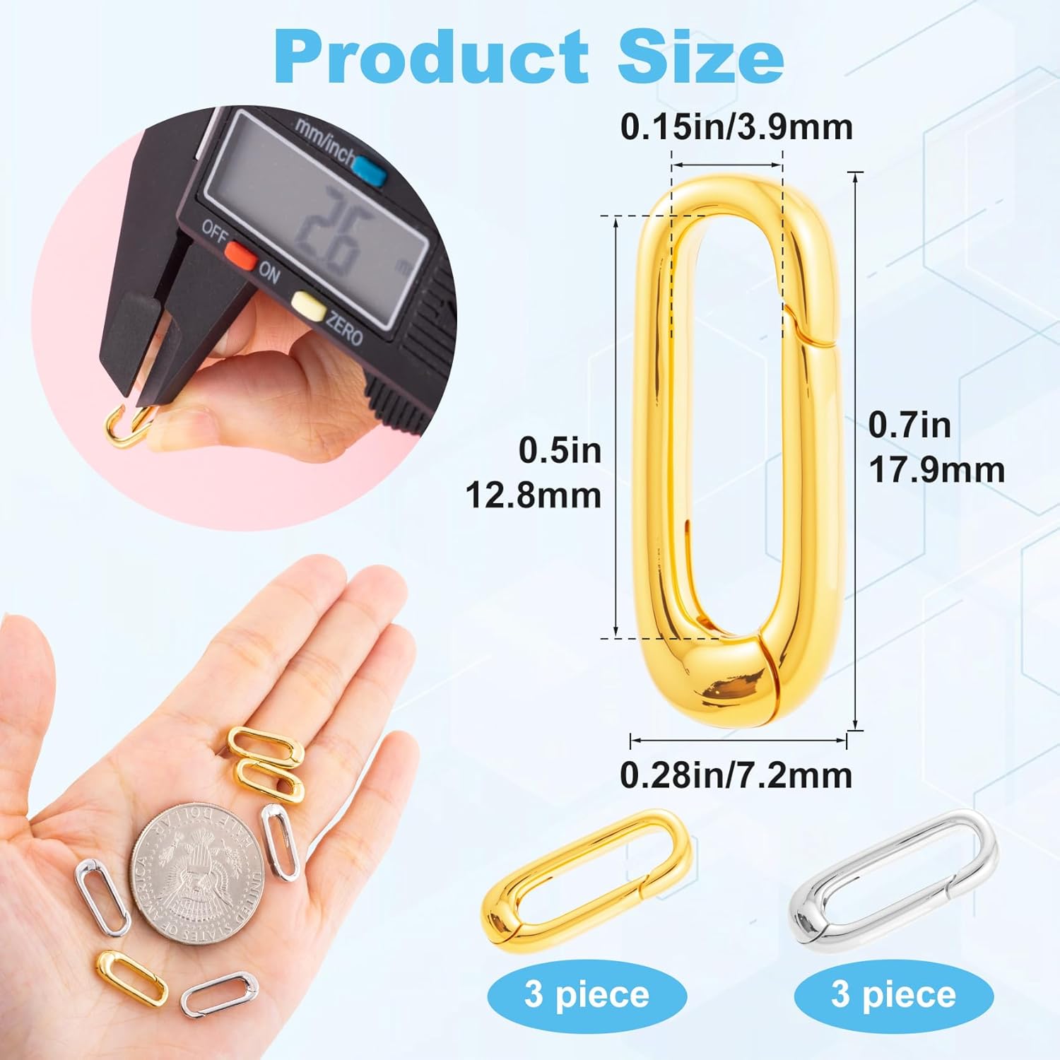 6Pcs 18K Gold/Silver Filled Oval Necklace Clasps Bracelet Pendant Carabiner Closures Necklace Enhancer Wedding Spring Ring Connector for Jewelry Making - 0.7" x 0.28" - Image 2