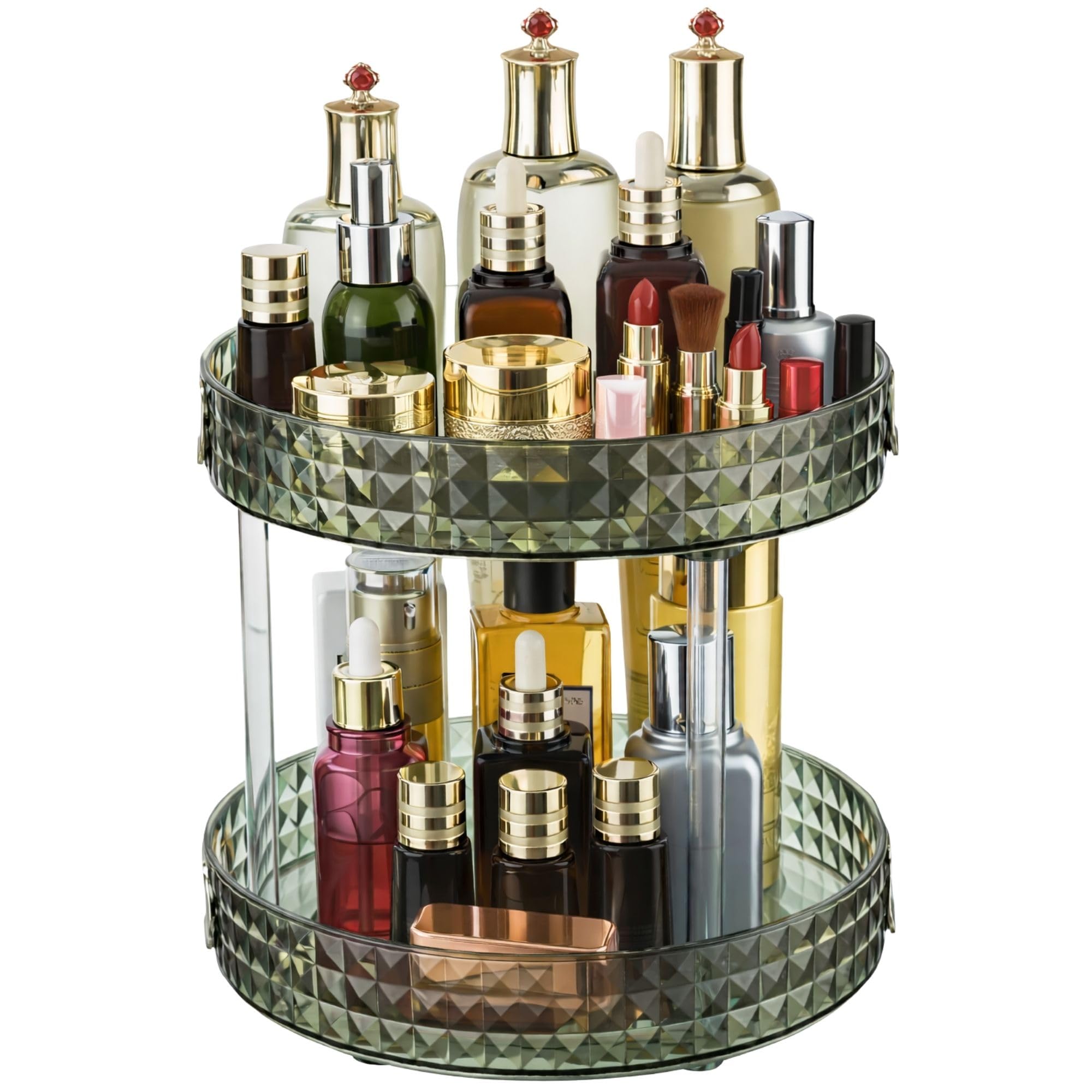Panzy Home Makeup Organiser Rotating Large Capacity 360 Degree Cosmetics Organiser, Spinning Make up Stand, Clear Skincare Makeup Carousel (Tier 2, Green)