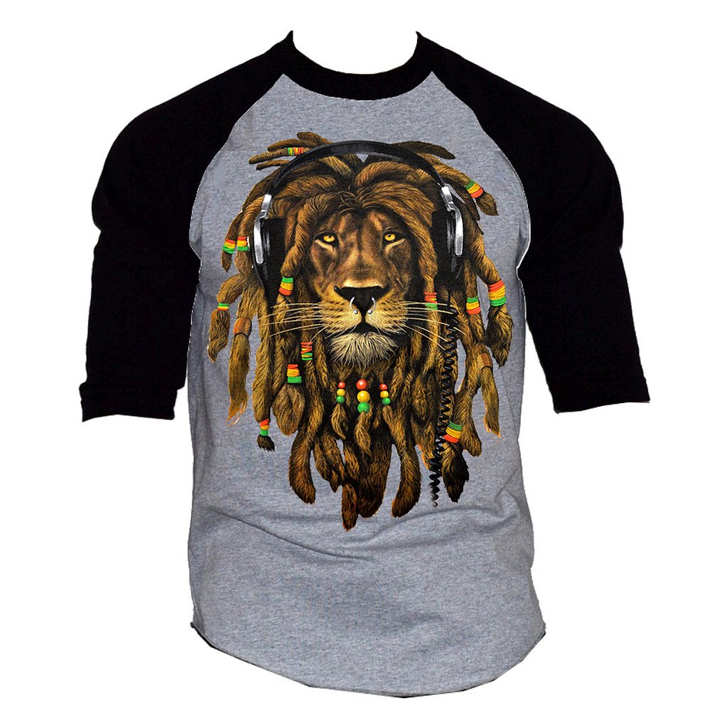 Interstate Apparel IncMen's Dreadlock Rasta Lion Headphones Gray/Black Raglan Baseball T-Shirt Gray/Black