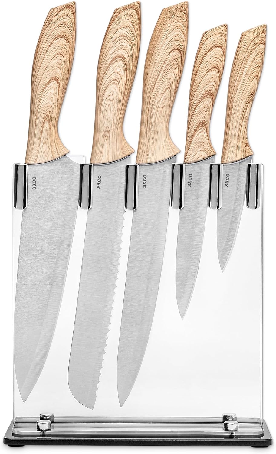 Safdie Kitchen Knife Set with Block, 6 PCS High Carbon Stainless Steel Sharp Kitchen Knife Set Includes Chef Knife, Bread Knife, Carving Knife, Utility and paring Knives, All in one Knife Set