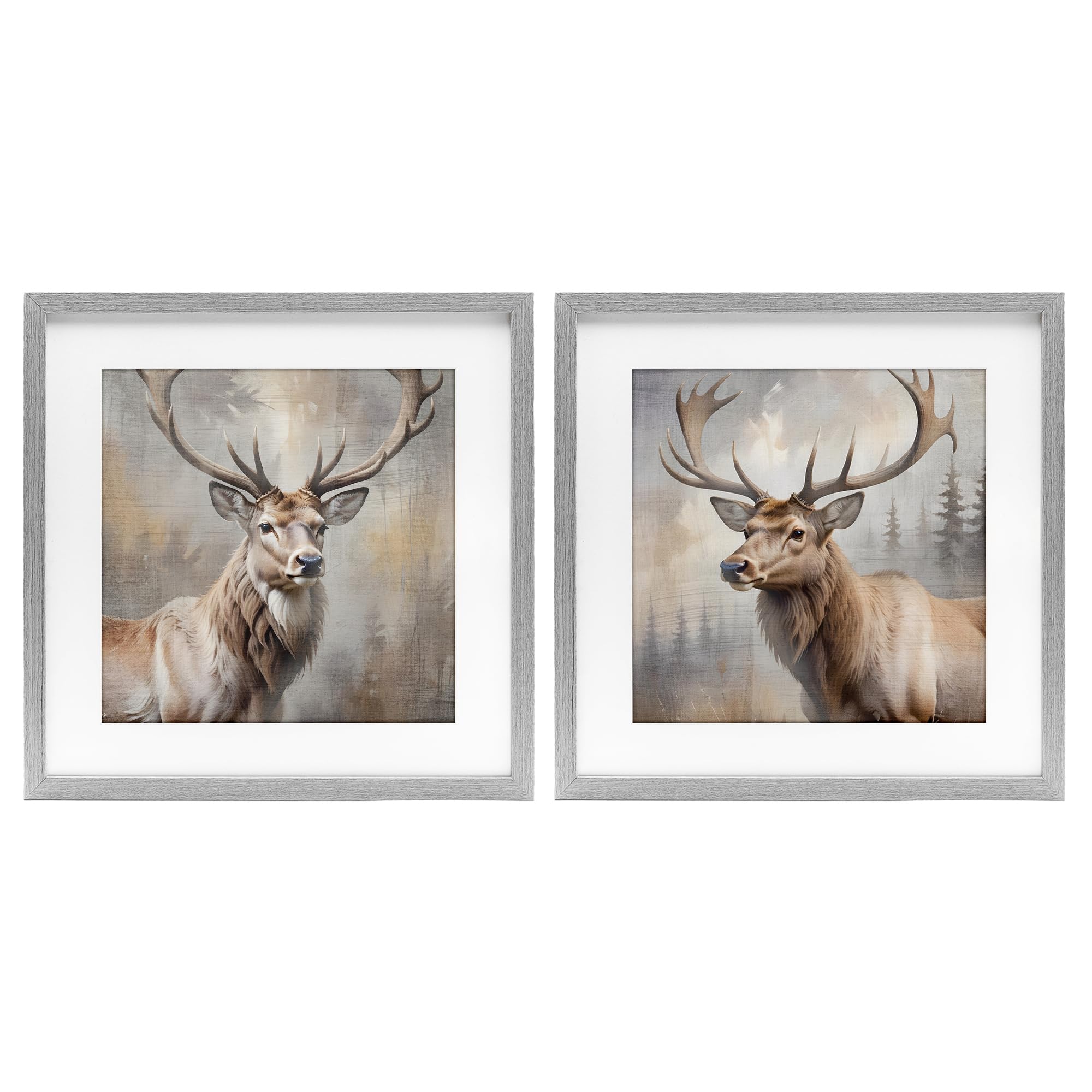 Glancing Forest Stags Rustic, 16 x 16 Inch Framed Print Under Glass Set