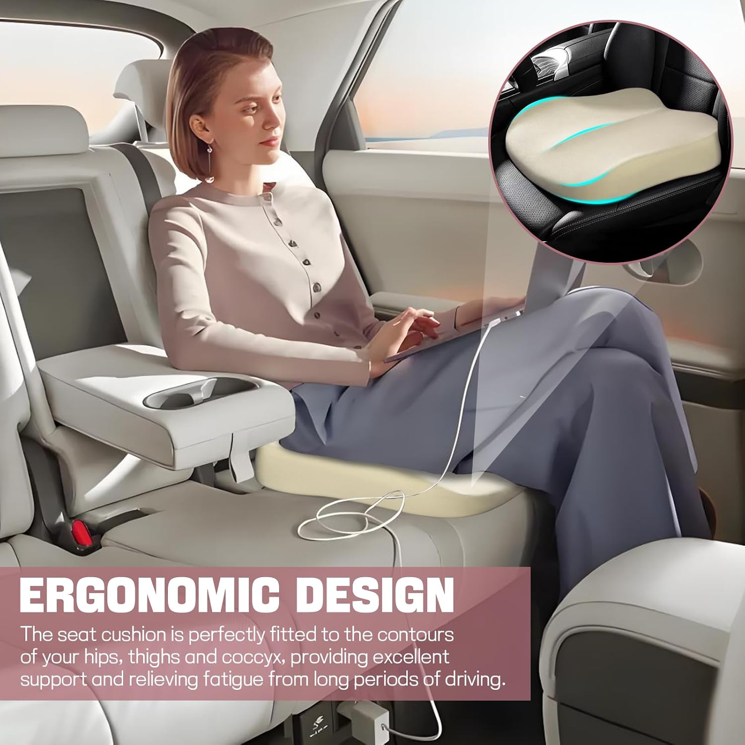 Hovom Car Seat Cushion, Wedge Memory Foam Car Cushion for Driving Seats, Non-Slip Adult Booster Seat Cushions Pad for Driver, Raise Height to Improve Driving Vision & Tailbone Pain Relief (Beige)