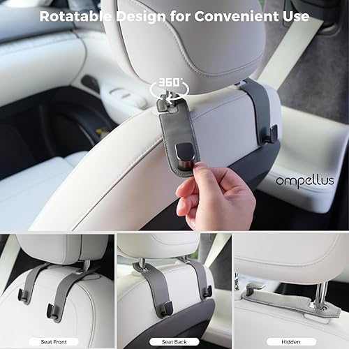 Miniatura 5 de Ompellus Gancho para reposacabezas de automóvil, paquete de 2 ganchos de cuero para asientos de automóvil para bolsos y bolsas, accesorios de