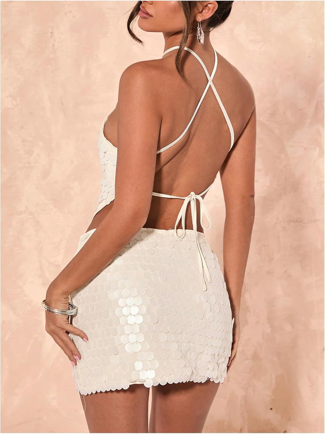 SweatyRocks Women's Sexy Sequin Halter Tops Crisscross Tie Backless Asymmetrical Y2k Going Out Party Concert Top - Image 2