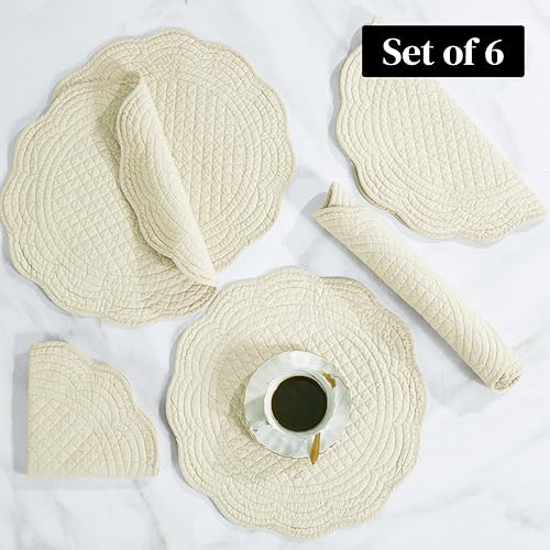 Vista 4 de HOMBYS Quilted Placemats Set of 6 Washable Round Placemats for Kitchen Table-100% Cotton Fabric 14 Inch Round Table Mats, Cotton Fabric with Flax