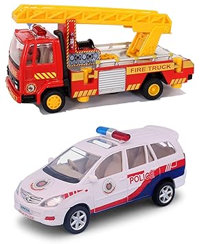 Toyco ( Pack of 2 ) Pull Back Fire Ladder Truck & Innovo Police Chase Car Toy Vehicles Combo Set for Kids Age 3+ Years