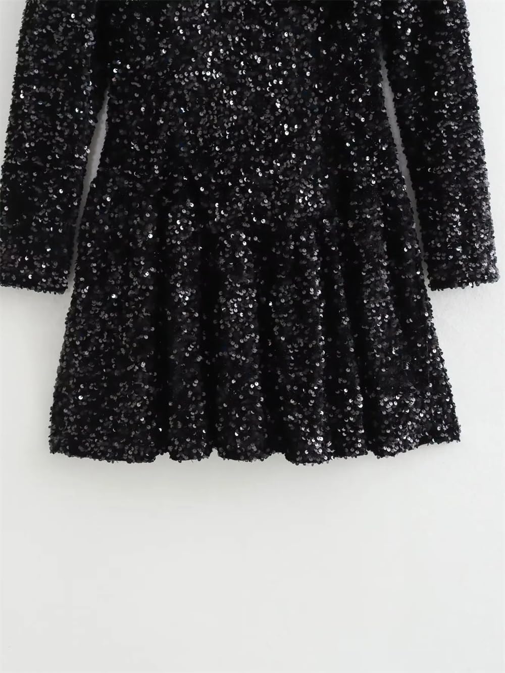 Fulbant Vestido de fiesta con lentejuelas para mujer, cuello corazón, manga larga, ajustado, vestido corto acampanado