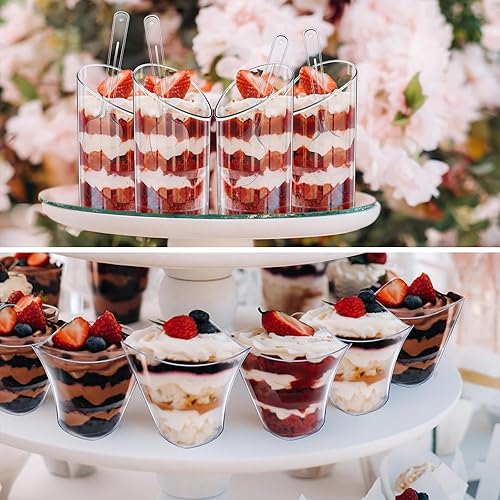 Miniatura 5 de Funtery Paquete de 300 mini tazas de postre con cucharas de plástico transparente Parfait taza redonda inclinada para postres tiradores de postres
