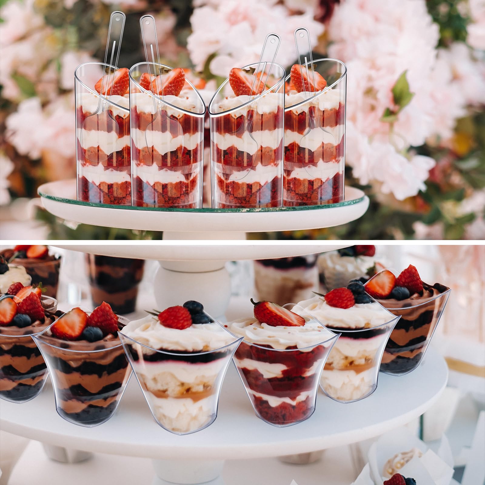 Paquete de 300 mini vasos de postre con cucharas, de plástico transparente, taza redonda inclinada para postres, copa cuadrada de corazón, tazas de parfait transparentes para tiradores de fiesta (3