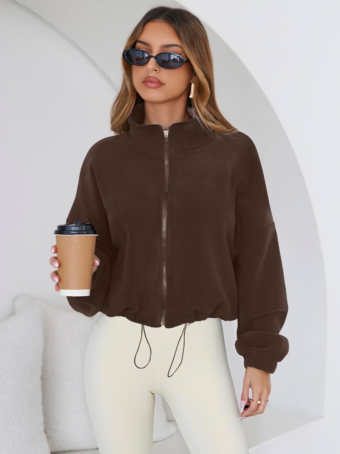 Womens Fleece Short Jacket Long Sleeve Full Zip Stand Collar Sherpa Crop Coat - Image 7