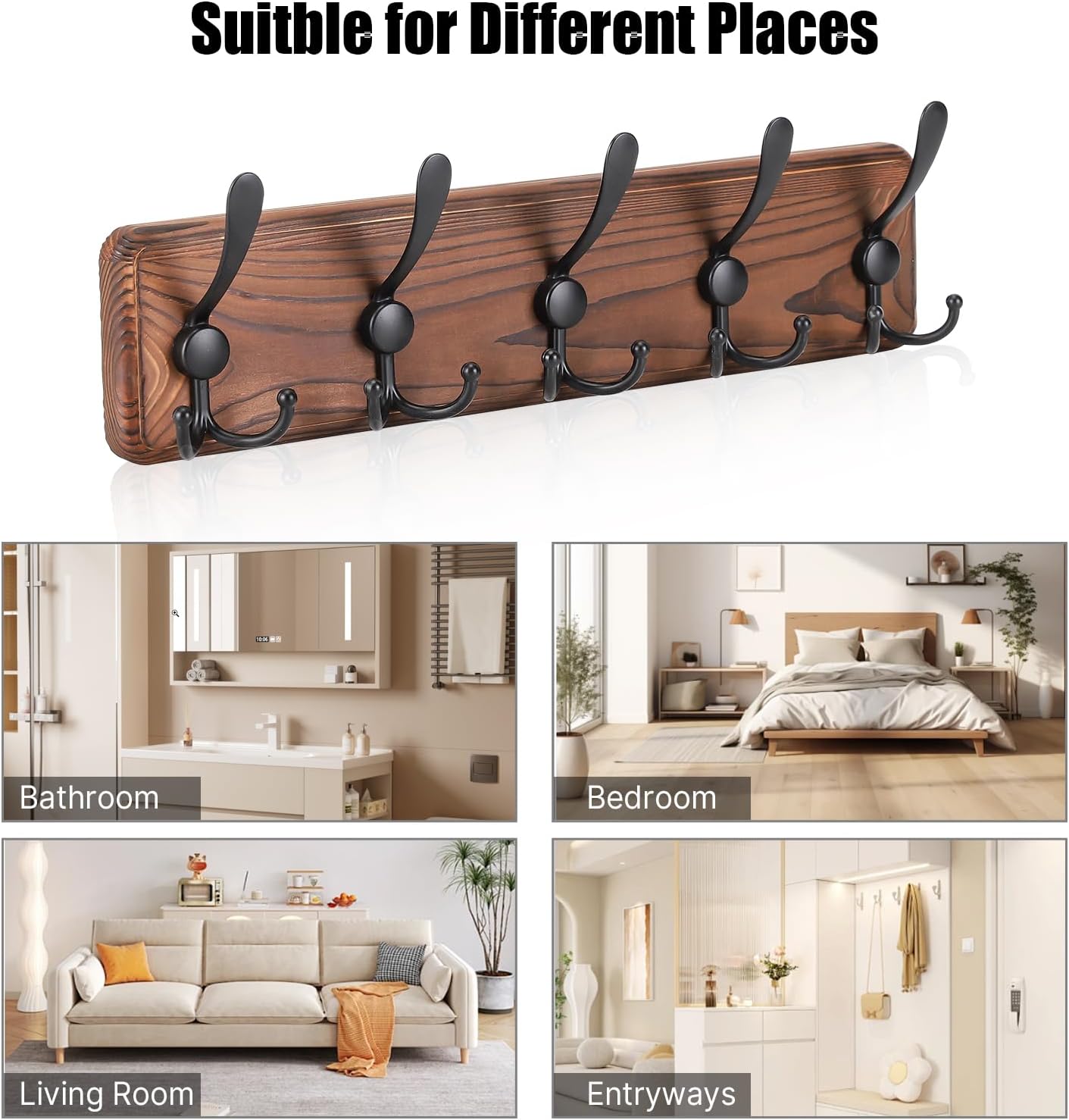 Kruodop Large Coat Rack Wall Mount Coat Hooks Coat Hanger with 5 Metal Black Triple- Hooks Brown Pine Real Wood Plank Hat Rack for Wall Hooks for Hanging Coat Hat Jacket - Image 7