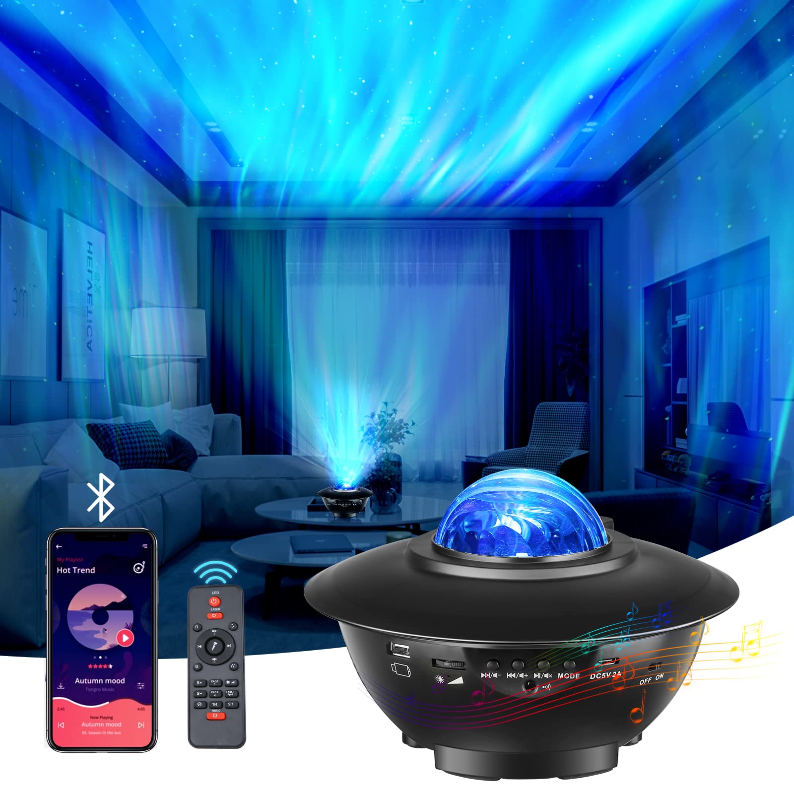 Star Projector Night Light, POSUD Northern Light Aurora Star Projector with Bluetooth Music Speaker & Remote for Kids/Adults, USB Charging White Noise Galaxy Star Projector for Bedroom/Party