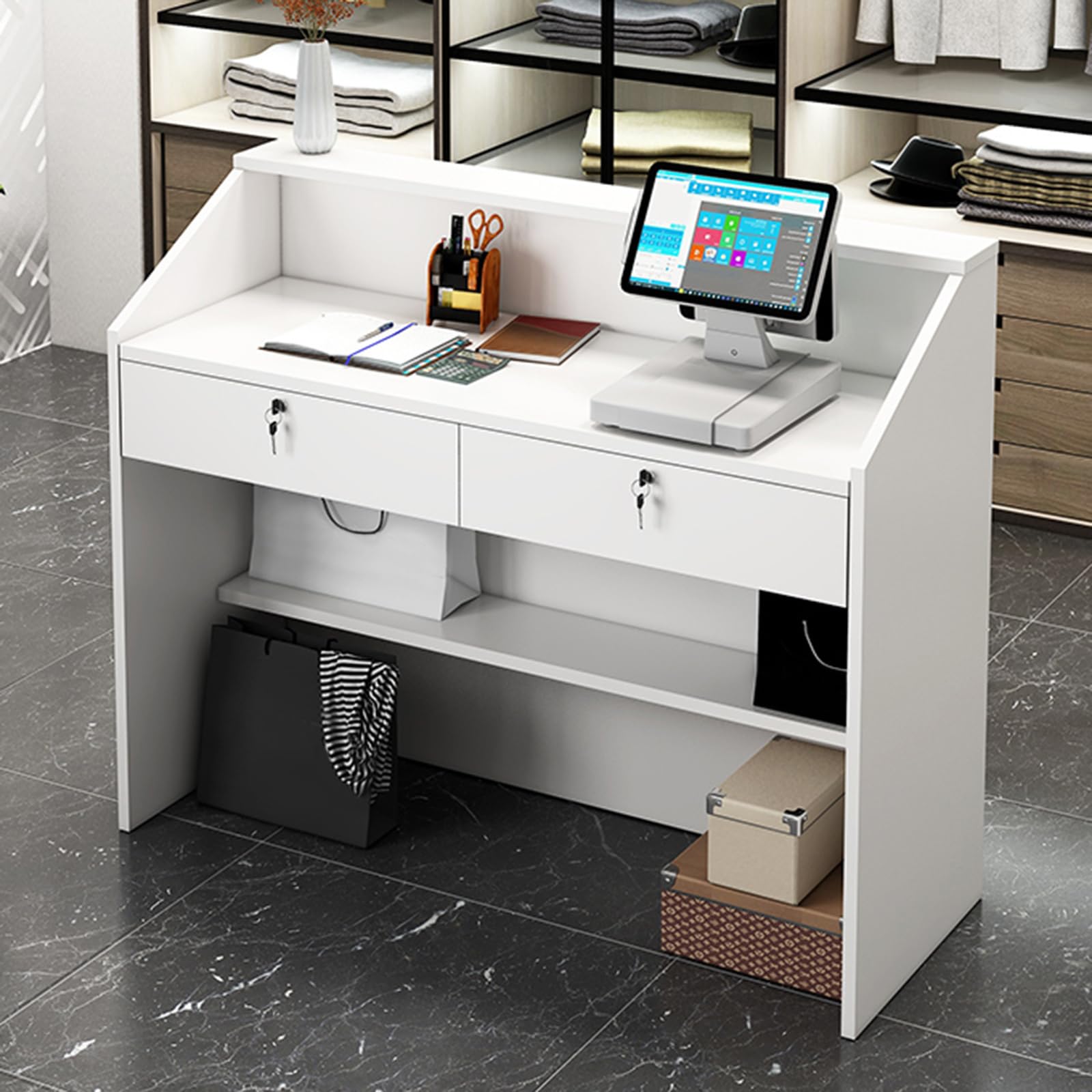 Reception con serratura e ripiani aperti, versatile bancone anteriore per saloni, negozi, uffici e atri; soluzione di archiviazione sicura per aziende e servizio clienti