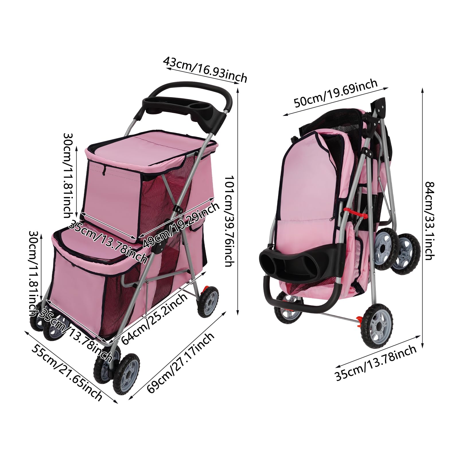 Passeggino per animali domestici, pieghevole, a doppio piano, per cani e gatti di piccola e media taglia, per esterni, parchi, passeggiate 55 x 69 x 101 cm