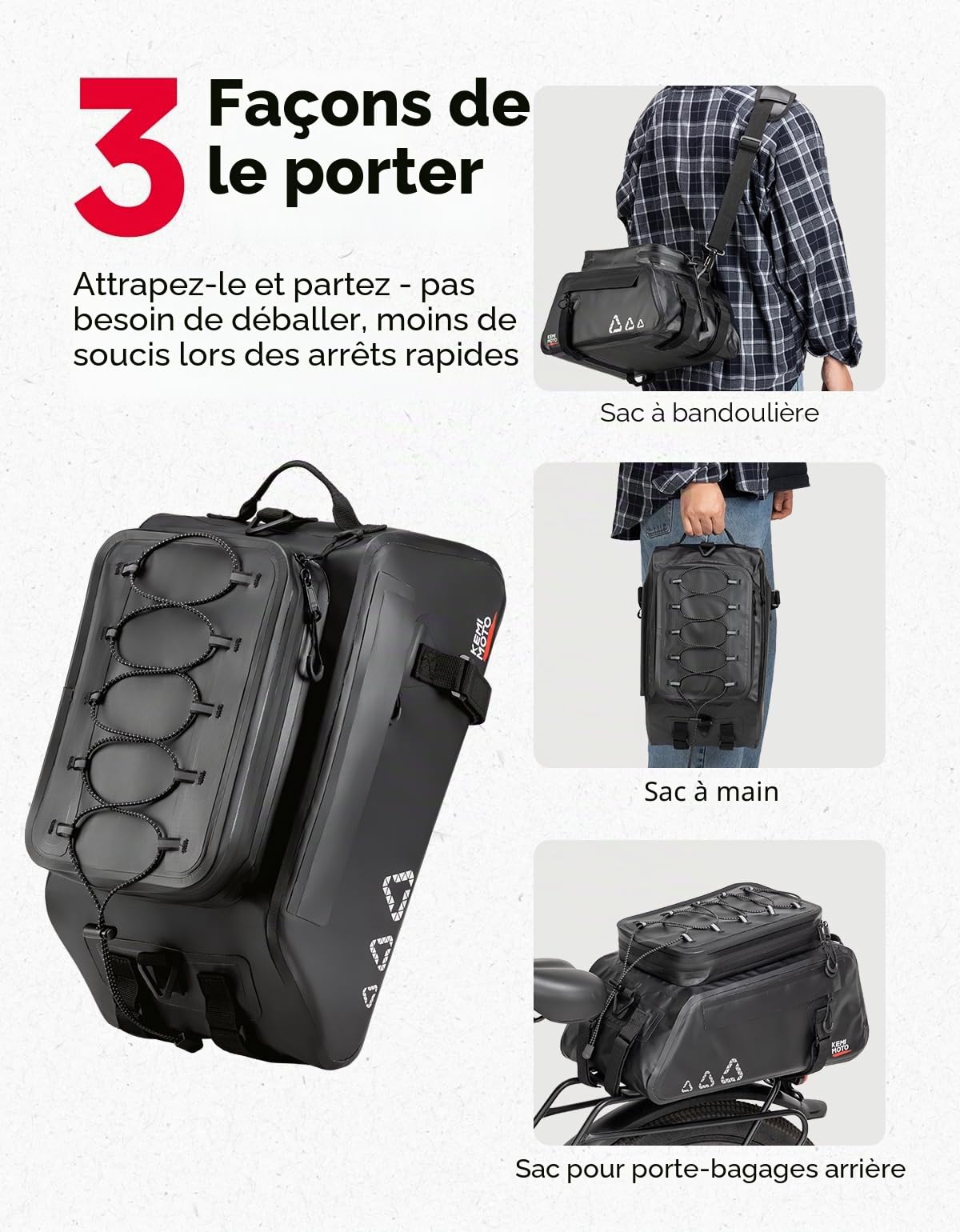 KEMIMOTO 3 en 1 Sacoche Velo Porte Bagage Arriere, 13L Sacoche Vélo Arrière Etanche 500D PVC et avec Plusieurs Compartiments, Sac Vélo Multifonctionnelle avec Poignée de Transport et Bandoulière