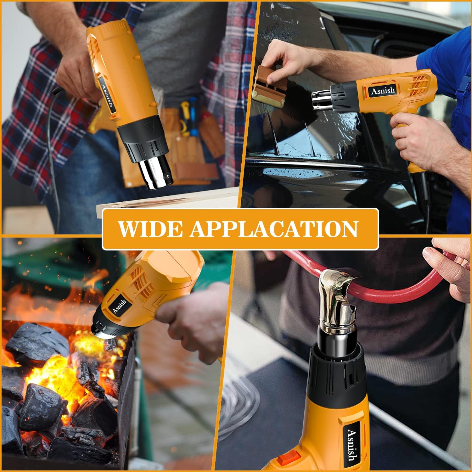 Collage of Asnish Heat Gun applications including shrink wrapping, paint removal, charcoal ignition, and pipe bending