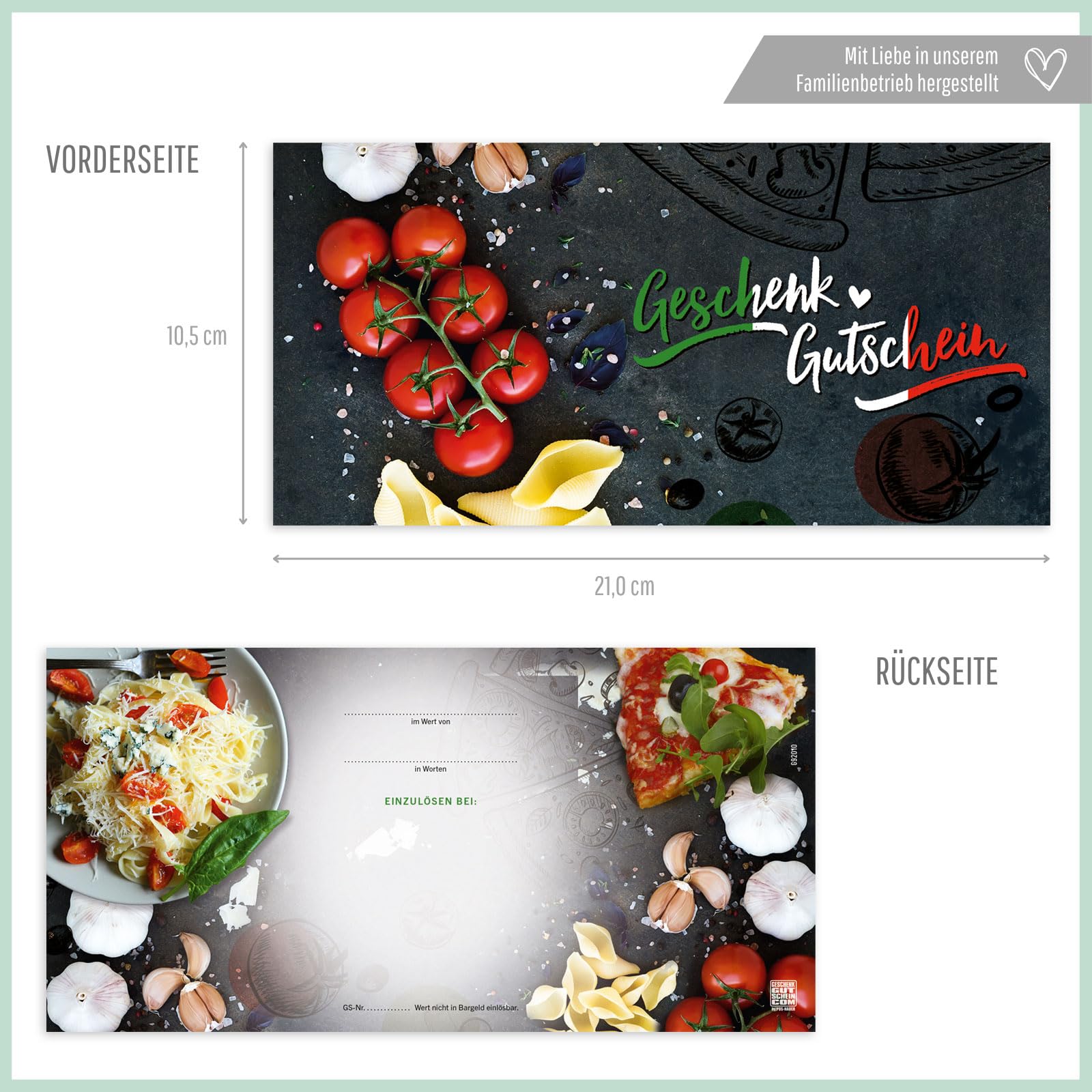 Gutschein-Set. 100x Gutschein + Kuvert. Für Restaurant Pizzeria, blanko zum selber Ausfüllen.