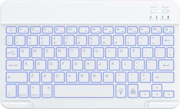 OMOTON 7 Color Backlit & Rechargeable Bluetooth Keyboard for iPad & iPhone | Wireless Ultra Slim Portable Typing Keyboard Compatible with iOS & iPadOS, Perfect for Students&Travel Office Users, White