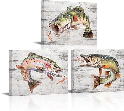 KREATIVE ARTS Marine Life Canvas Wall Art - 12x16 Inch مجموعة من 3 ، تتميز بباس Largemouth ، تراوت قوس قزح ، Northern Pike - لوحات الأسماك المجردة الحديثة لغرفة المعيشة ، غرفة نوم ، ديكور الحمام