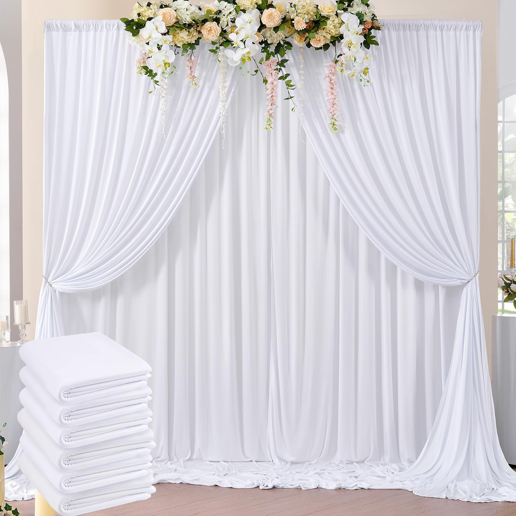30ftx8ft Wrinkle Free White Backdrop Curtains Panels for Parties, Polyester Photo Backdrop Drapes 6 Panels 5ftx8ft Cloth for Birthday Wedding