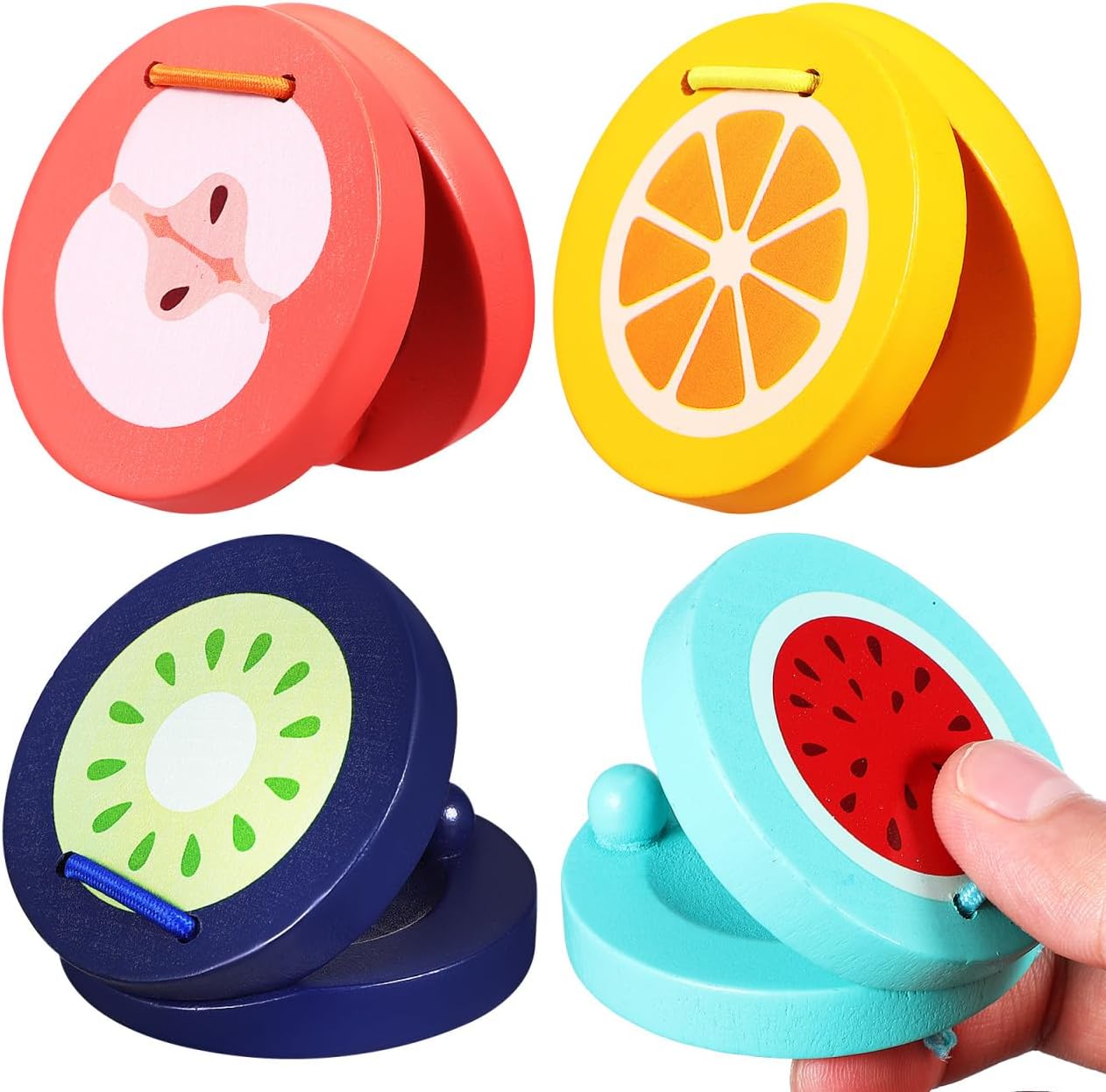 Finger Castanets, 4pcs Wooden Castanets, Finger Clackers Clappers, Cartoon Fruit Castanets Early Education Percussion Instrument for Favors Party Classroom