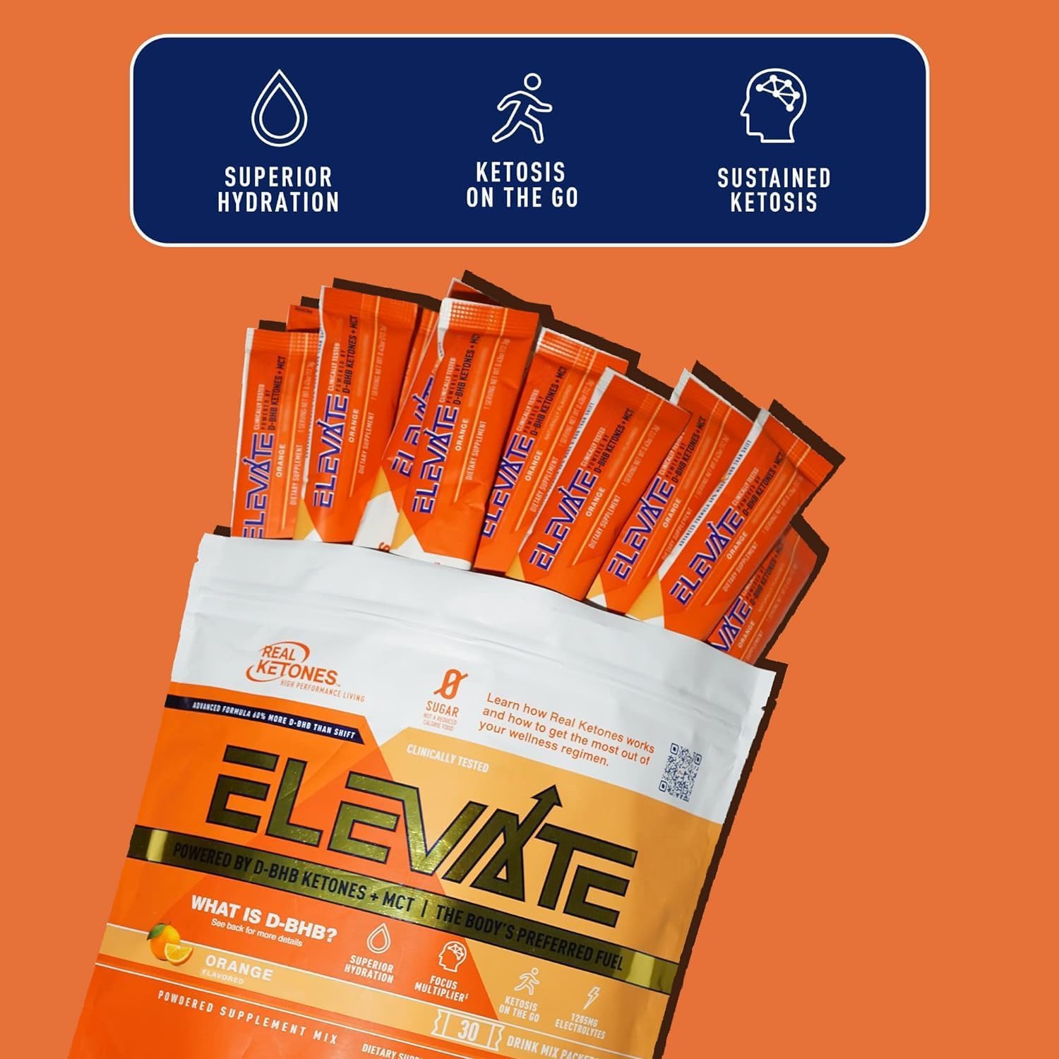 Real Ketones MCT & BHB Exogenous Ketones Drink Mix Packets Elevate Keto Electrolytes Powder Packets No Sugar with 4 Main Electrolytes Plus Hydrating Proprietary Keto BHB - 30 Pack Orange