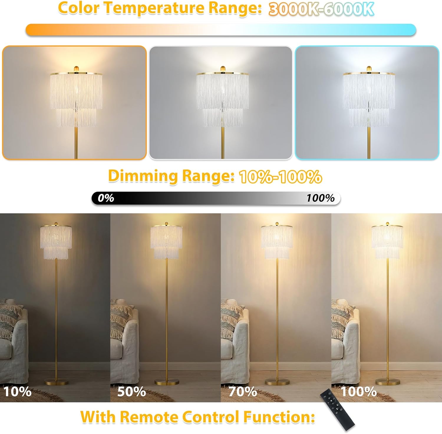 Dimmable Boho Tassel Floor Lamp with Remote Control for Living Room, 63" Tall Fringe Standing Bedroom Lamp with 3 Color Temperature Adjustment, Modern Stand Up Corner Lamp with Tassel Lampshade