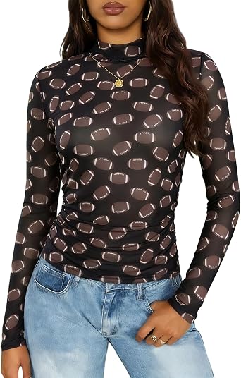 Womens Football Mesh Tops Long Sleeve Sheer Football Shirts Game Day Shirt Sheer See Through Top Blouse