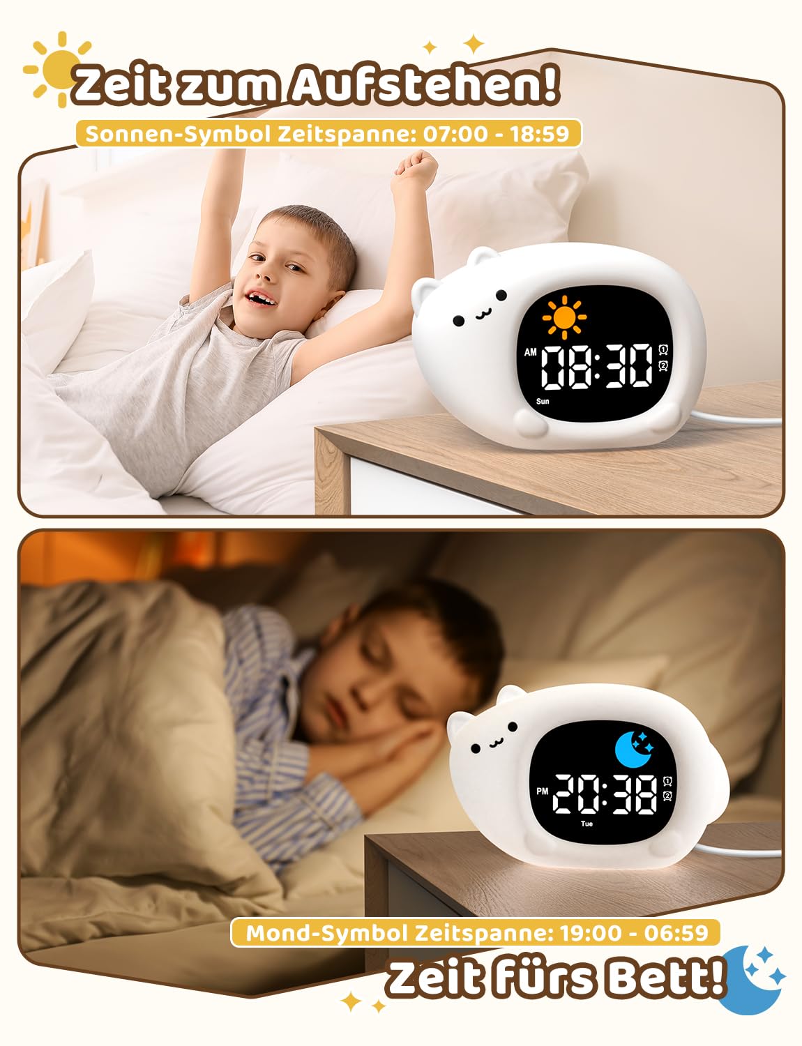 YISSVIC Lernwecker für Kinder, Tag und Nacht, 2 Alarme, 3 Weckzeiten, 12/24 Stunden, Snooze, 10 Lieder, Helligkeit des Displays, verstellbar, Lichtwecker, 7 Farben, automatische Abschaltung in