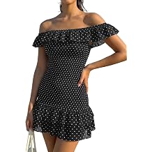 FOMELY Women's Polka Dot Dress Off Shoulder Mini Dress Ruffle Bodycon Dress