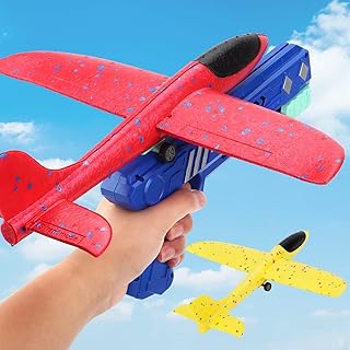Brinquedo lançador de avião, com 2 aviões grandes, avião de espuma de ejeção de um botão, brinquedos para esportes ao ar livre, presentes para meninos de 6 7 8 9 10 anos