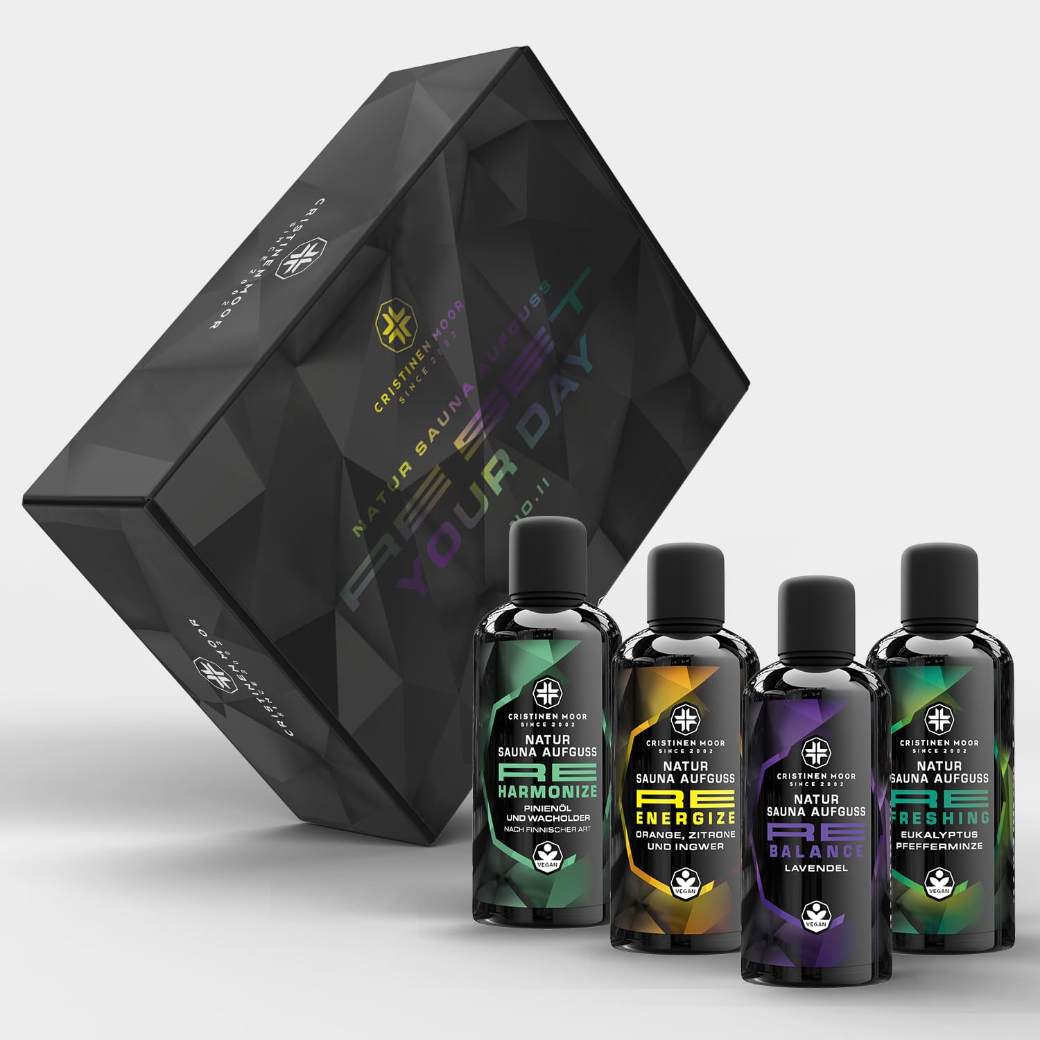 Saunaaufguss Set Re Collection Set 2 - Re Harmonize, Re Energize, Re Balance, Re Freshing 4x100 ml - CristinenMoor Natursaunadüfte ohne synthetische Duftstoffe in edler Umverpackung