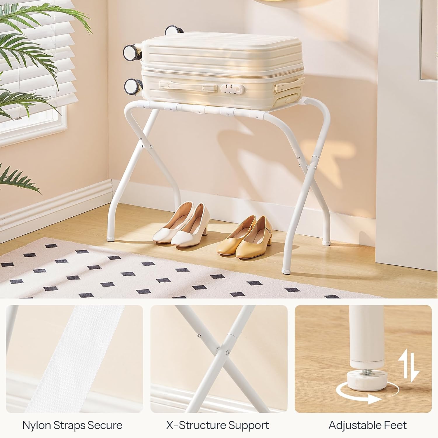 HOOBRO Luggage Rack, Pack of 2, Metal Foldable Suitcase Stand for Guest Room, Holds up to 100 lb, 27 x 15.3 x 22 Inches, Steel Frame, Nylon Straps, Hotel, Bedroom, Closet, White WT02XLP201