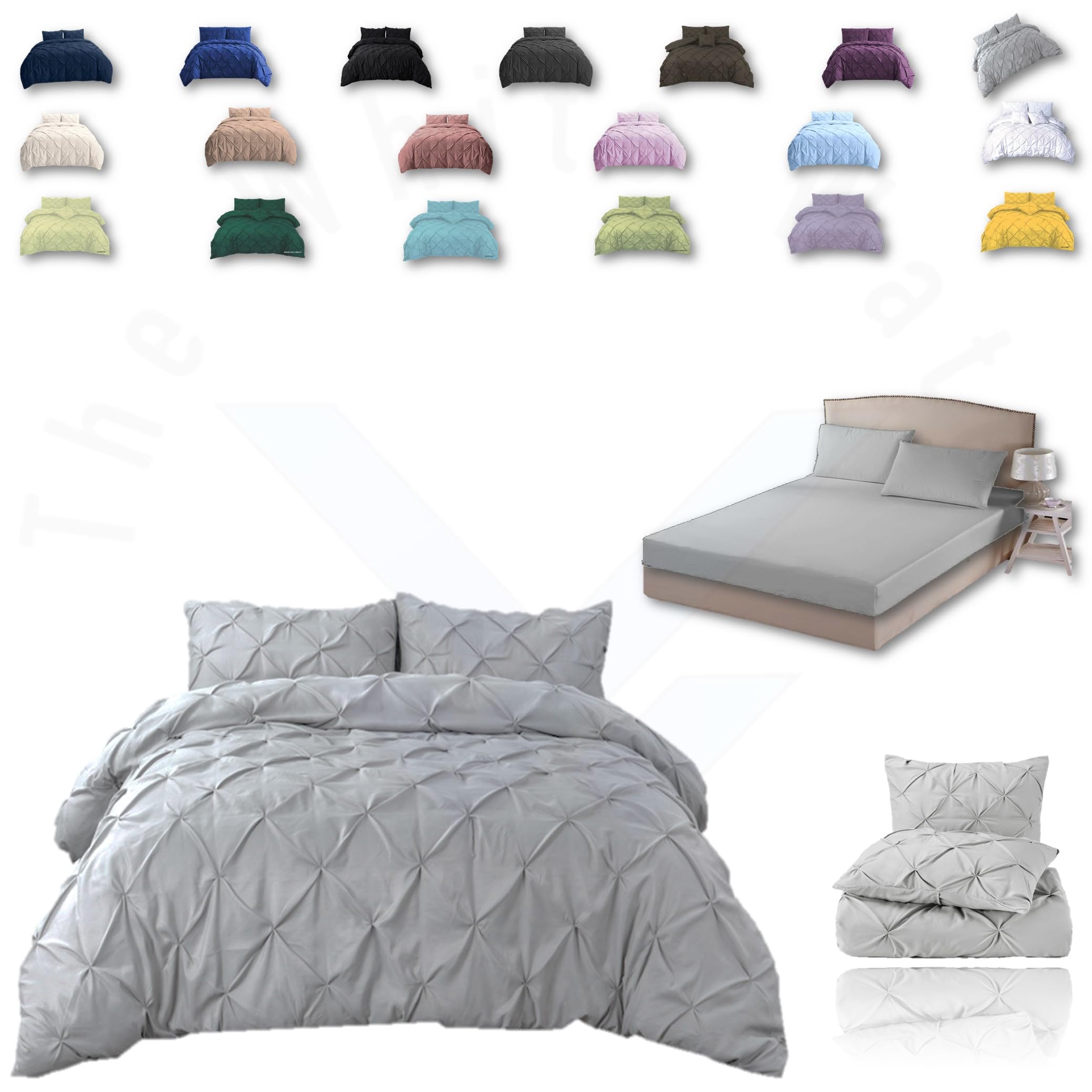 TheWhiteWater Duvet Set - 2/3 in 1 Bedding Set - Duvet Cover + Matching Pillowcases + Fitted Bed Sheets - NPolycotton Pintuck Cover (Silver, 3 in 1 Bedding Set - Double)