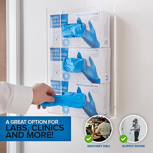 Miniatura 7 de Stock Your Home Dispensador de guantes acrílicos triple, estante para caja de pañuelos, soporte de pared para guantes, para cocina, armario de