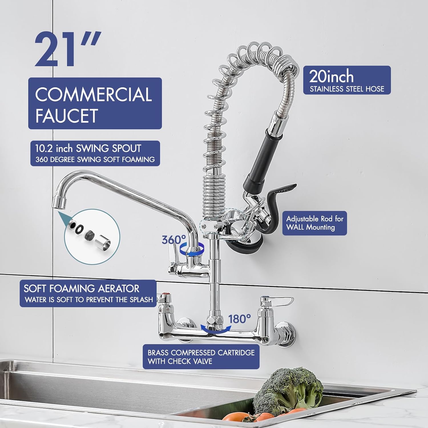Fapully Kitchen Faucet with Pull Down Sprayer, Commercial 8 Inch Center Wall Mount Kitchen Sink Faucet with Pre-Rinse Sprayer, Chrome 21‘’ Height Commercial Faucets with 10.2'' Add-on Swing Spout