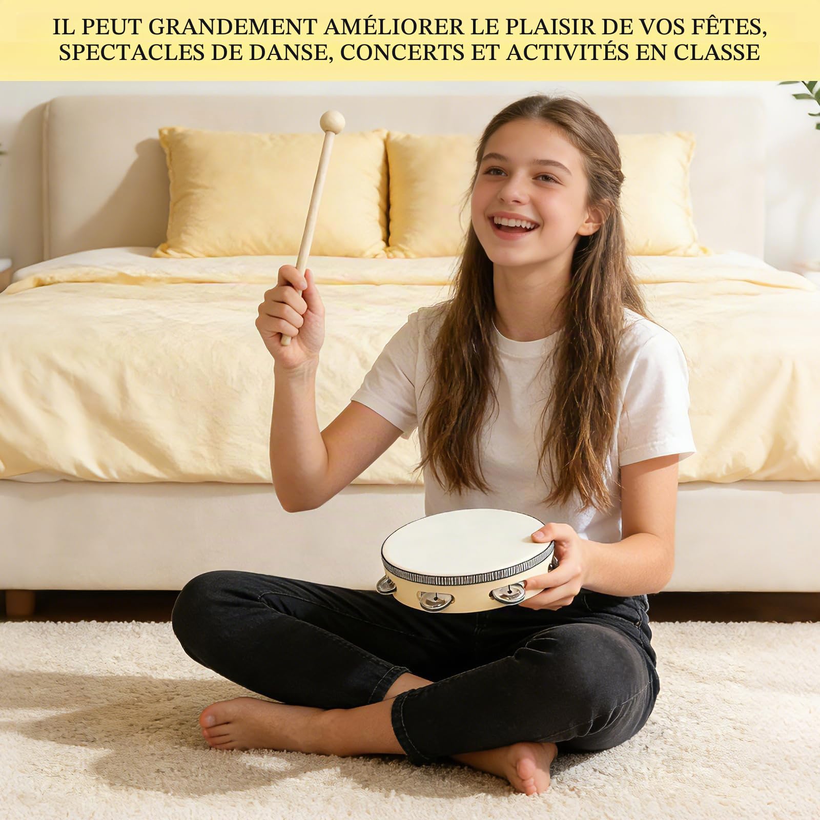 Set Tambourin en Bois avec Baguette 8 Pouces | Tambour à Main 20 cm de Diamètre Bord Renforcé par Corde